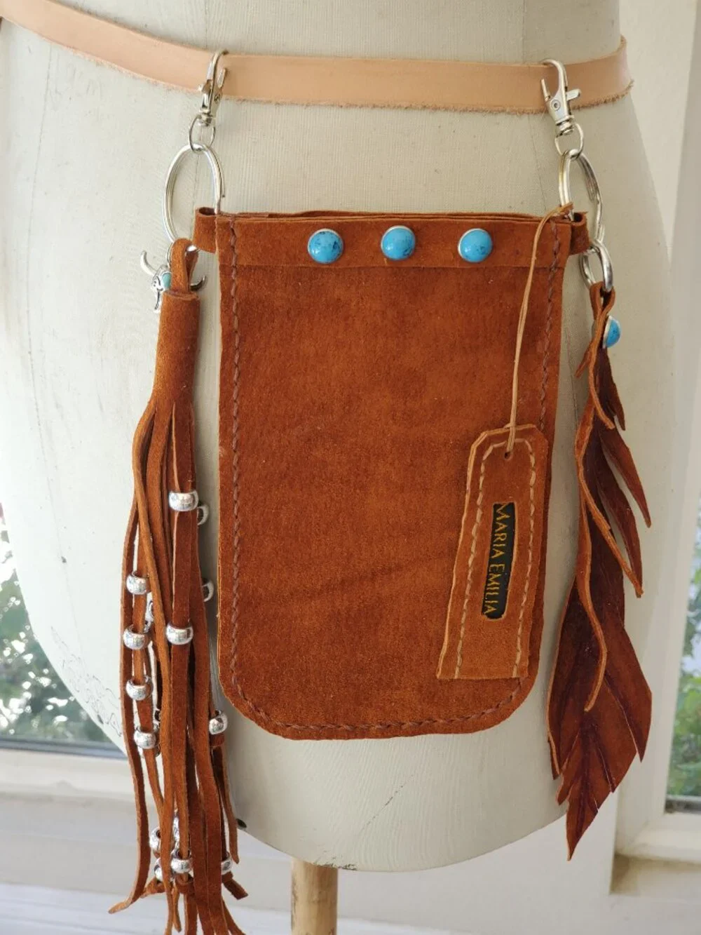 Western‑Boho Hands Free phone carry case - clips to belt loops - 100% leather